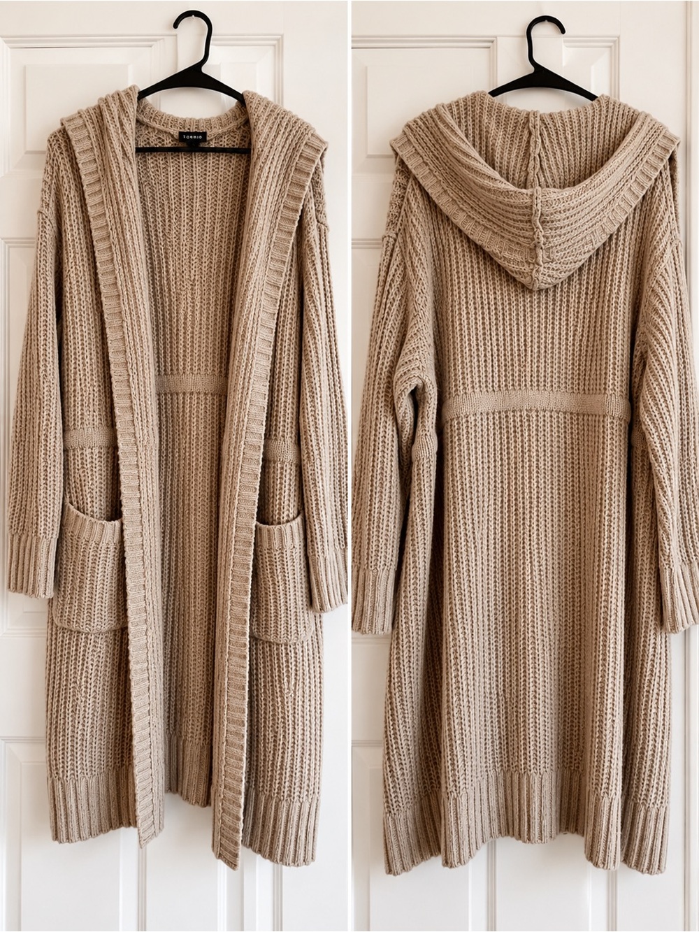 torrid Beige Hooded Open-Front Knit Cardigan